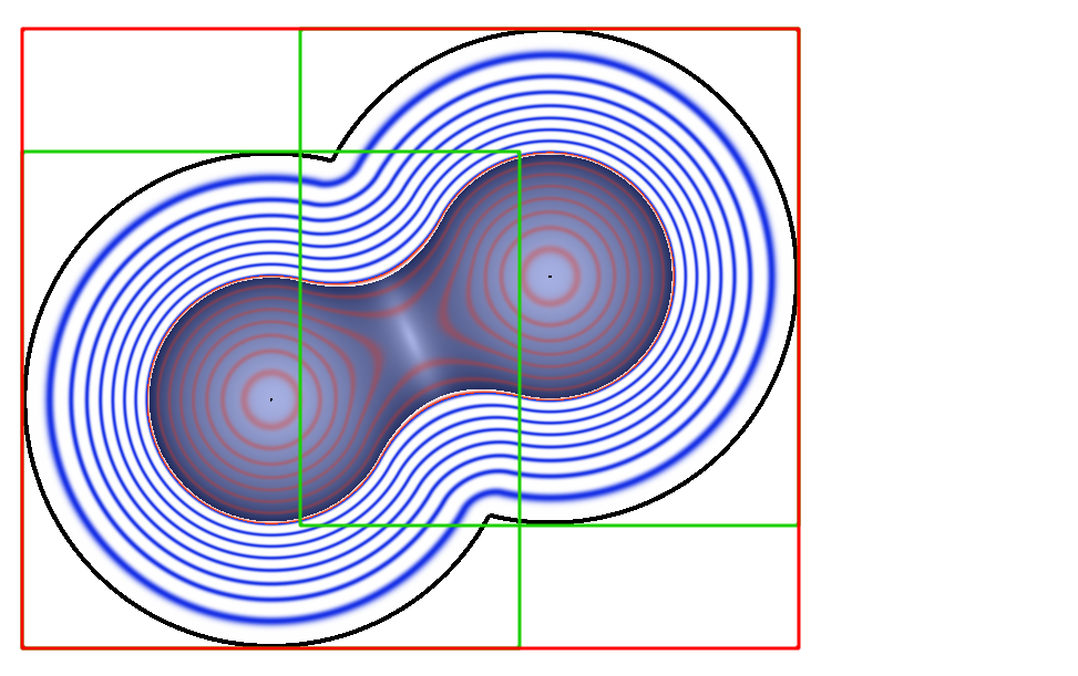 two metaballs in contact with bbox and contout lines